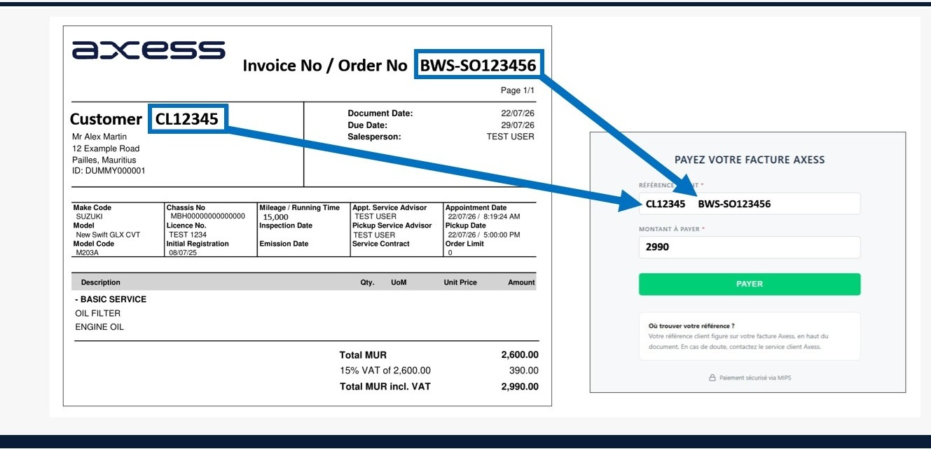 Sample Axess bill showing where to find the reference